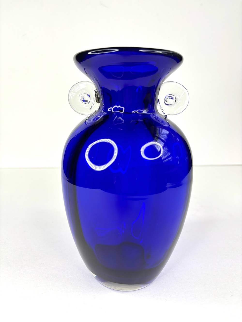 Vintage Cobalt Blue Art Glass Blenko Vase Clear Scroll Handles